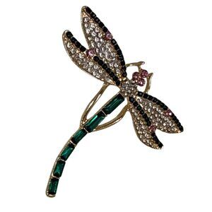 Crystal Rhinestone Dragonfly Brooch Green Tail